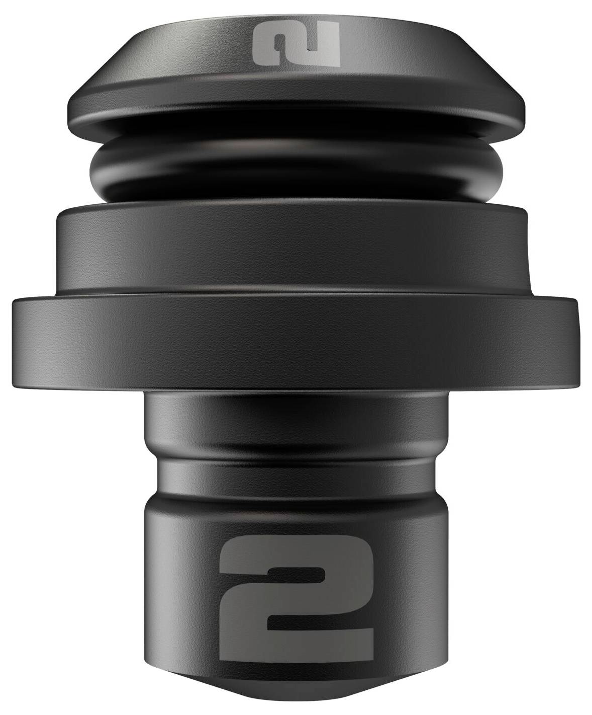 A black metal fastener with multiple layers and an engraved '2' logo, used for closure systems.