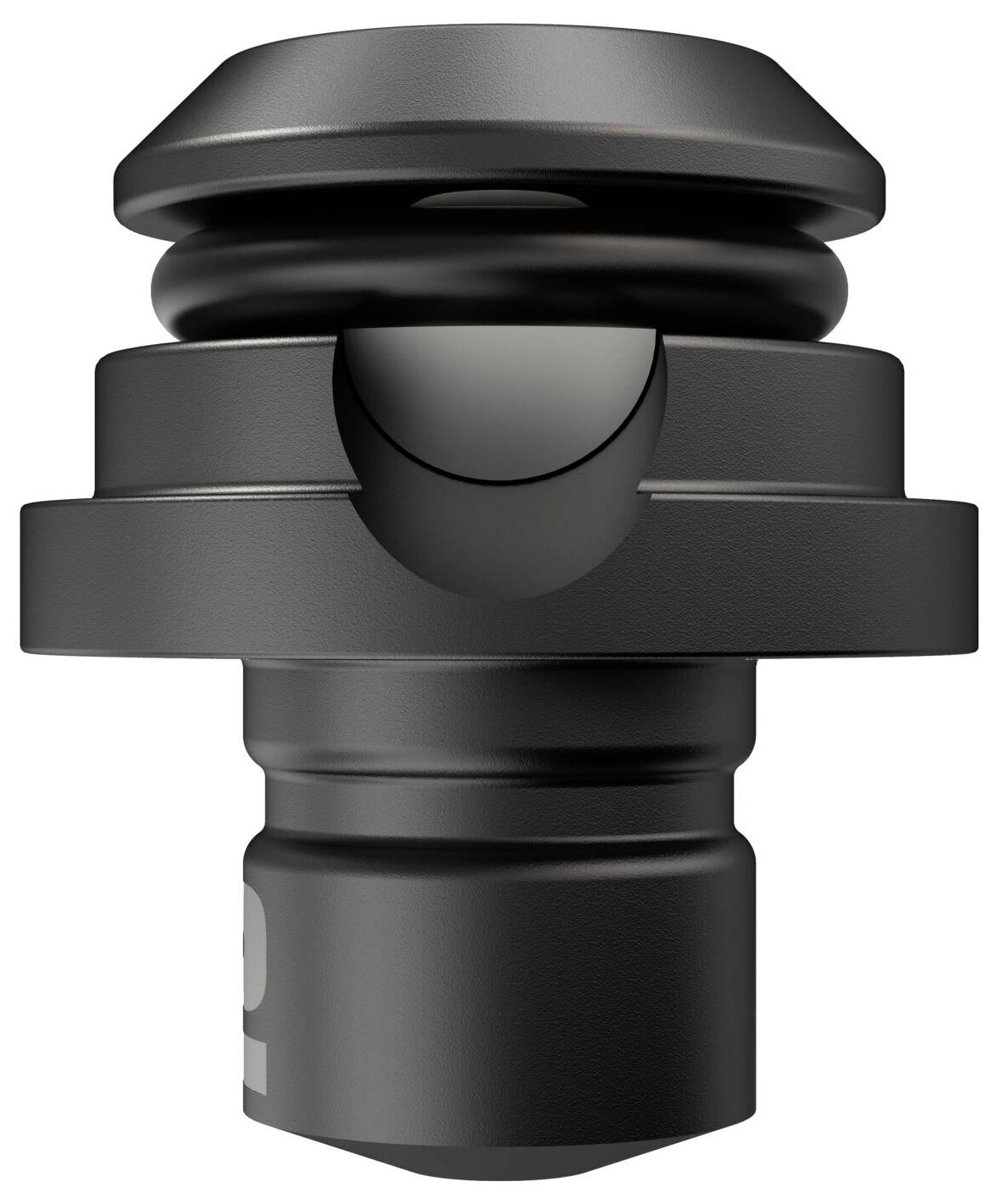 A black metal machine part with multiple grooves and a round, upper cap.