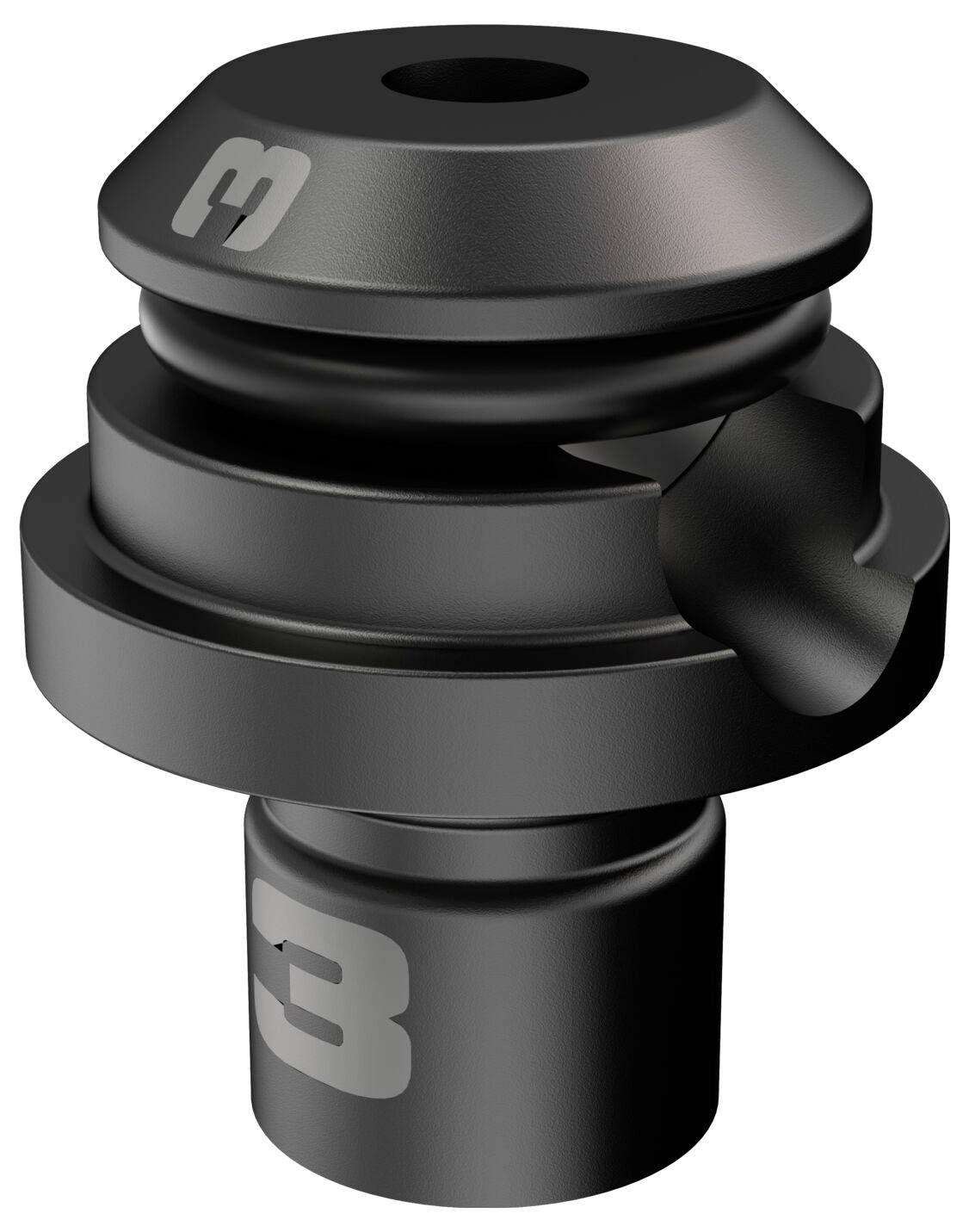 Black metal component with grooves and openings, possibly a machine part or adapter, with an embossed number '3'.