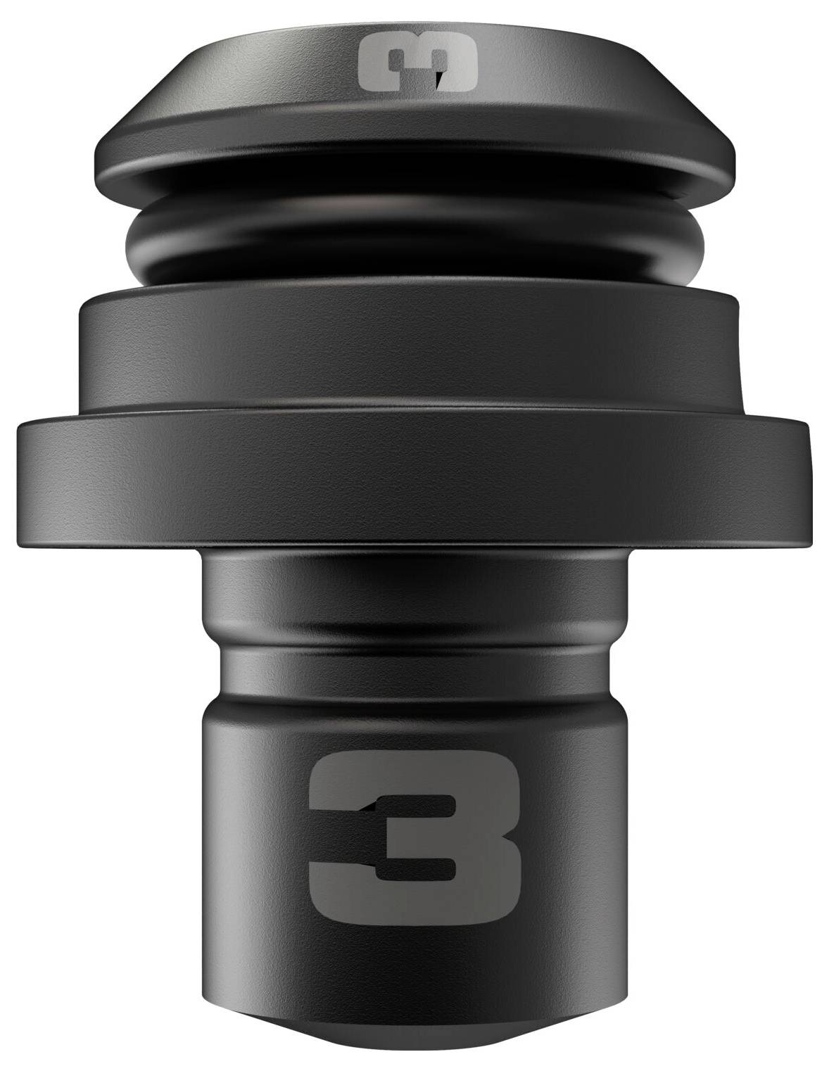 A black, metallic 3D object in the shape of a component with the number '3' on it. It has several layered sections.