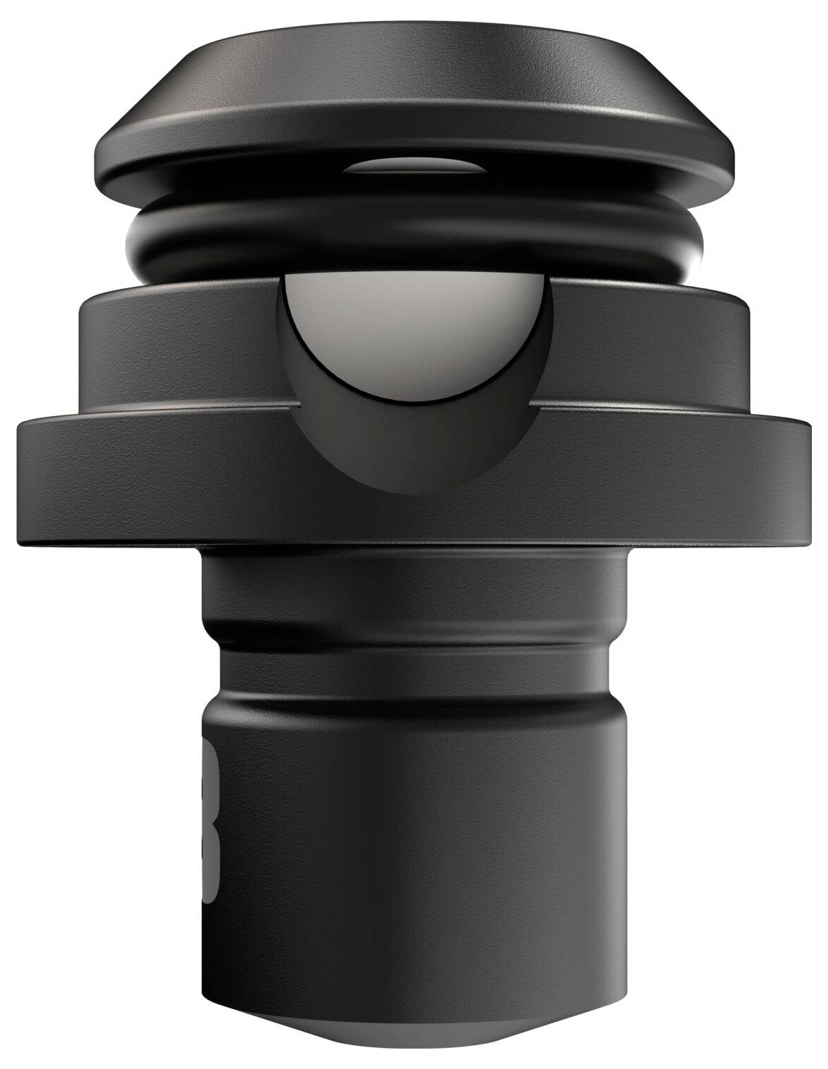 Black metal component with a cylindrical body and protruding upper section, sprung by an integrated, visible ball joint.
