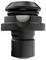 Black metal component with a cylindrical body and protruding upper section, sprung by an integrated, visible ball joint.
