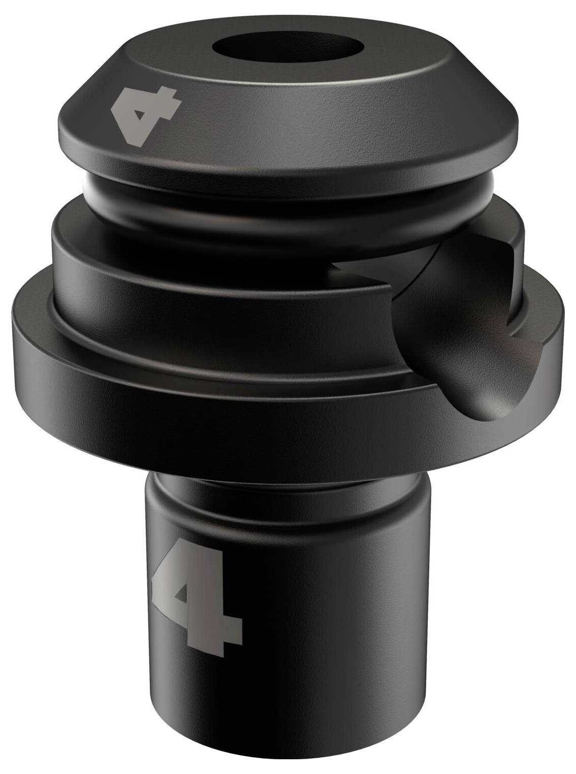 Black metallic component with grooves and the number '4' on two sides; could be a technical accessory part.