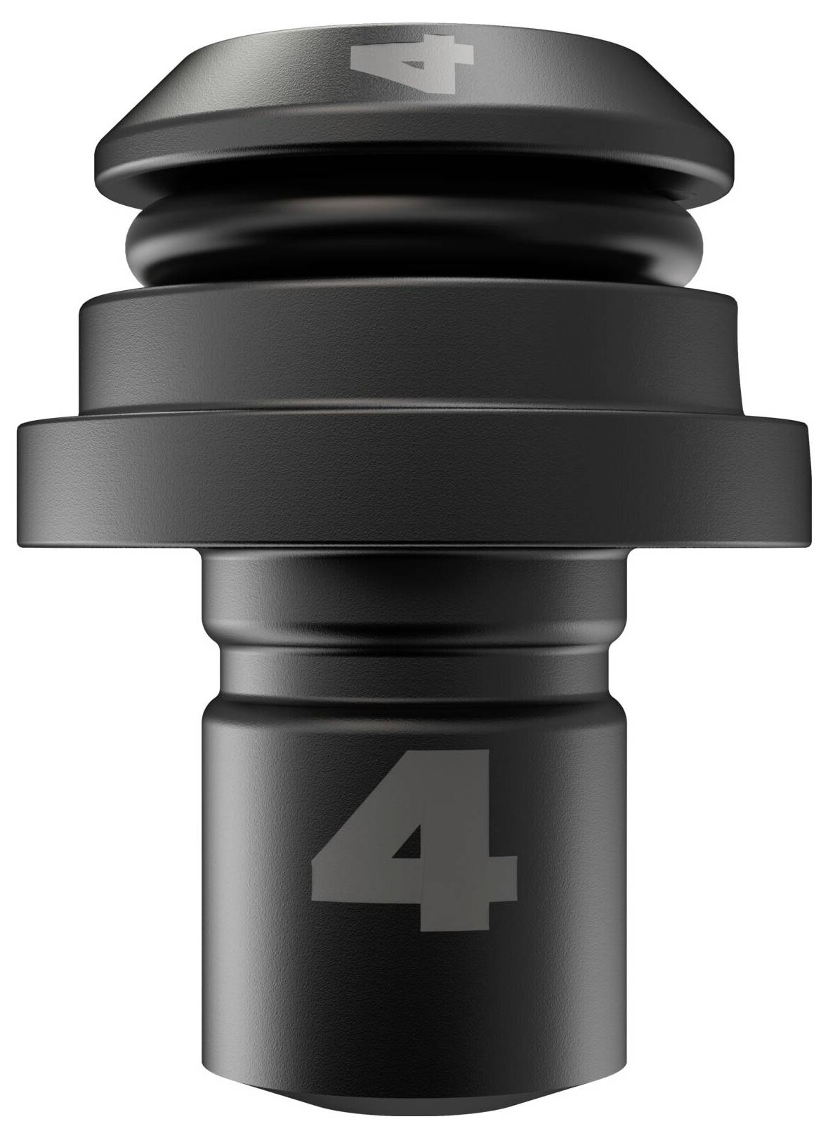 Black metal plug numbered '4', comprising multiple cylindrical sections, suitable for industrial applications.
