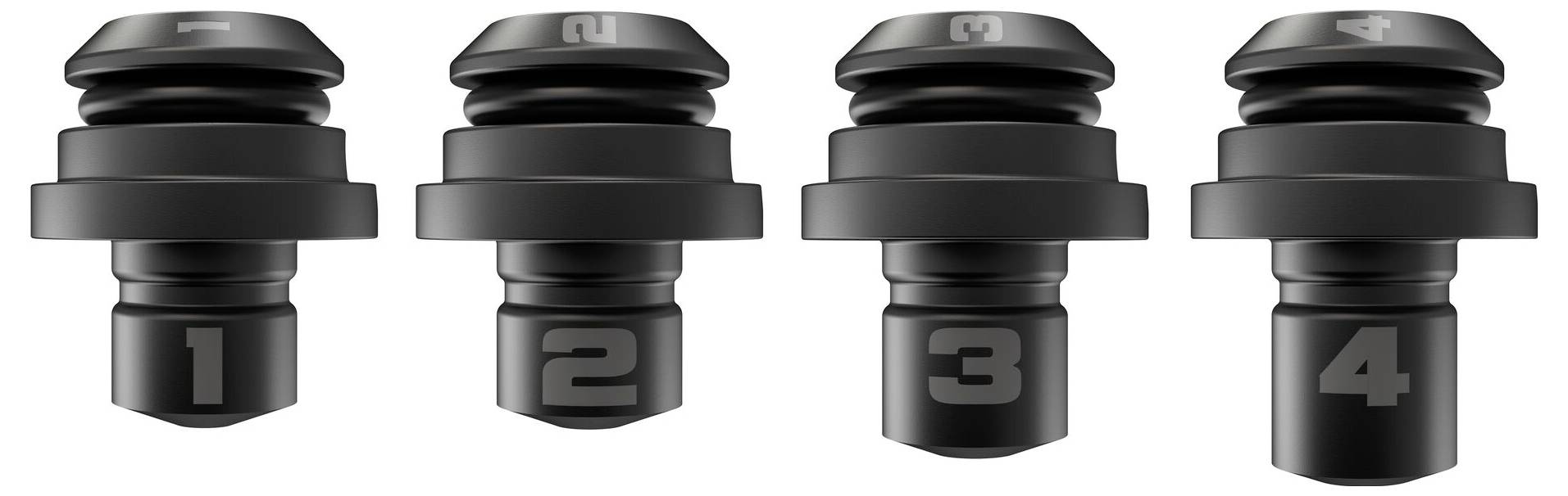Four black adapters with labels '1', '2', '3' and '4'; they appear to have different functions or compatibilities.