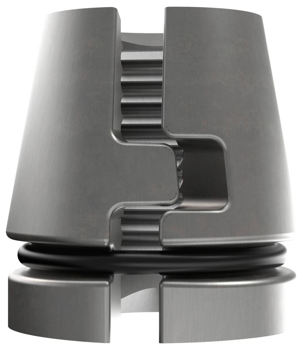 Metal component with precisely machined teeth that interlock. Robust design, potentially part of a mechanical system.<br><br>Note: The translation remains very close to the original German text, using British English terminology and phrasing.