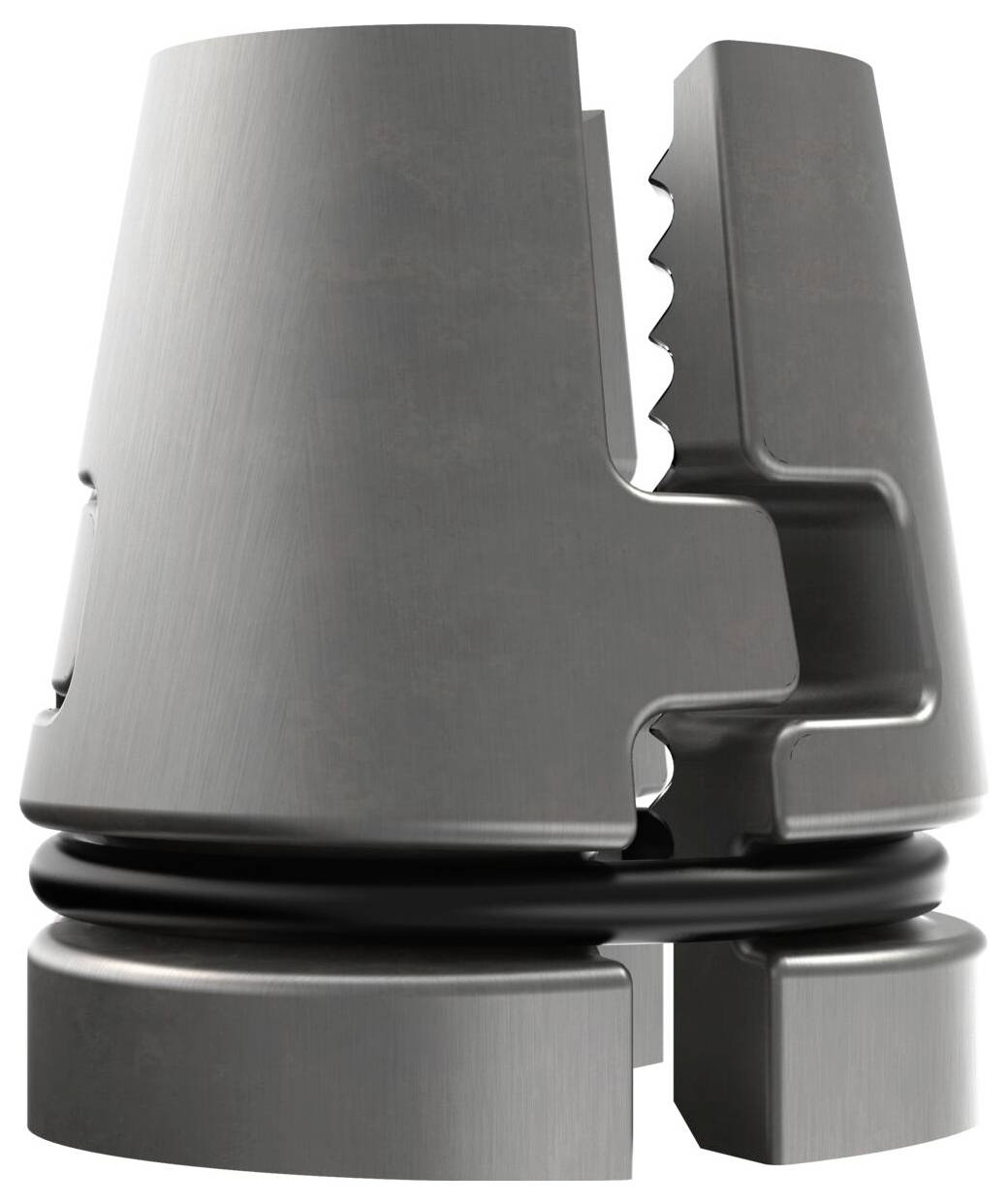 A metallic, cone-shaped mechanical component with a serrated edge and rubber seal. Potentially part of a larger device.