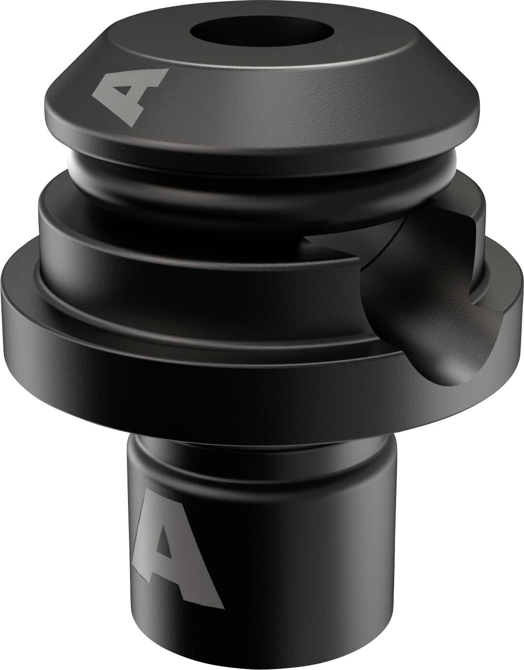 A black, cylindrical component with a ribbed structure and a cut-in slot, used in technical devices.