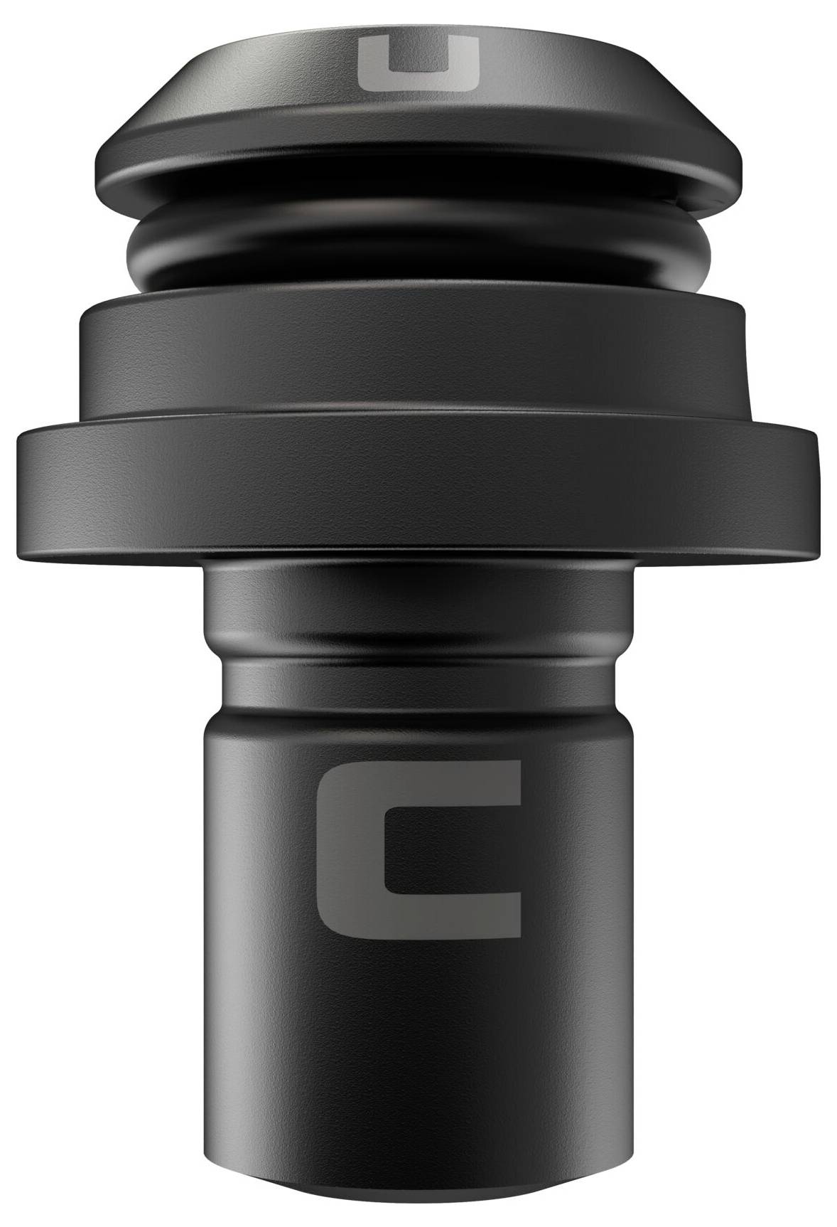 A black metal component with a cylindrical shape and a letter 'C' engraved on its surface.