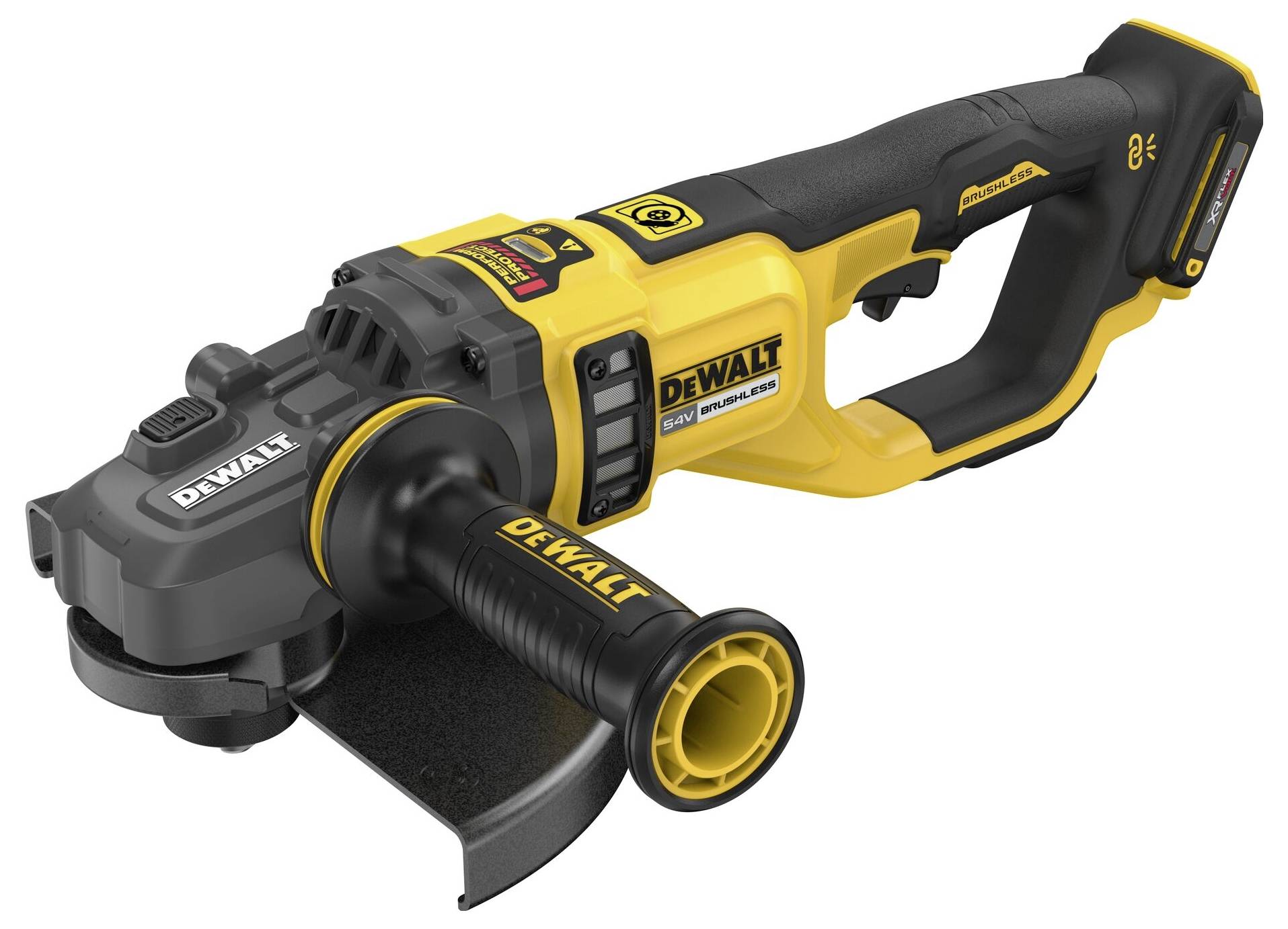 A yellow cordless angle grinder with a black handle and guard. The 'DeWalt' brand name visible on the device and handle.