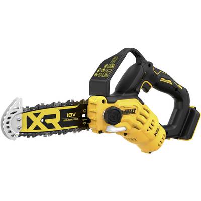 Yellow and black 18V battery-powered chainsaw with 'XR Brushless' label. Compact size, ergonomic handle, by DeWalt brand.