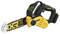 A yellow-black, battery-powered mini chainsaw by DeWalt, 18V XR model, with an ergonomic handle and safety guard.