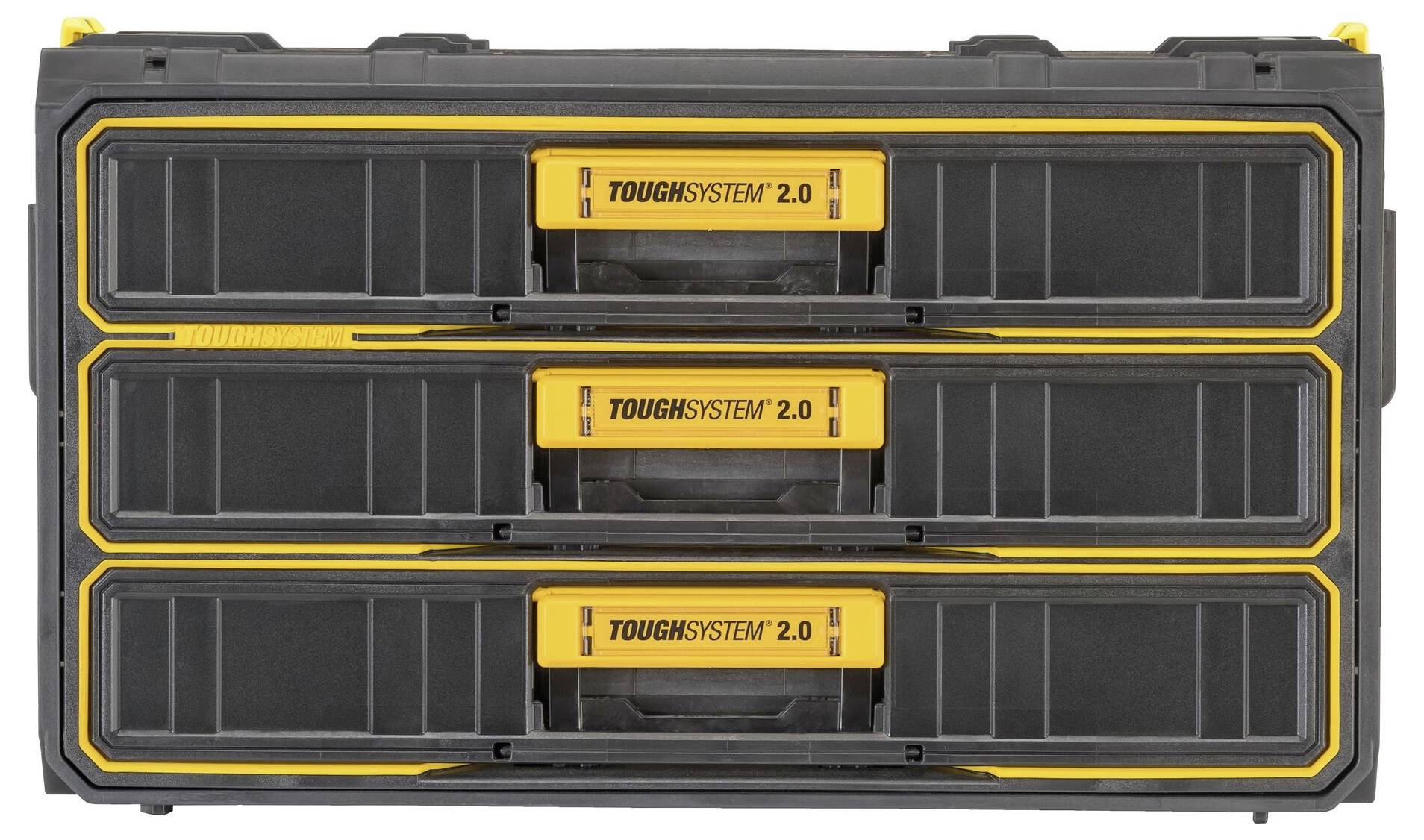 A black toolbox with three yellow-labelled drawers stacked on top of each other, marked with 'Toughsystem 2.0'.