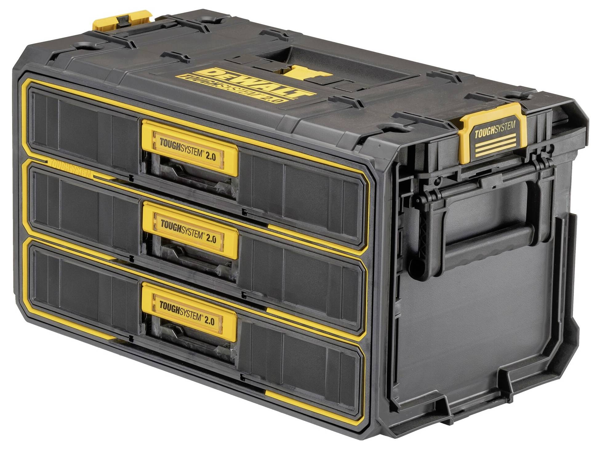 A black toolbox with three yellow drawers and a robust handle, featuring the logo of a well-known manufacturer.