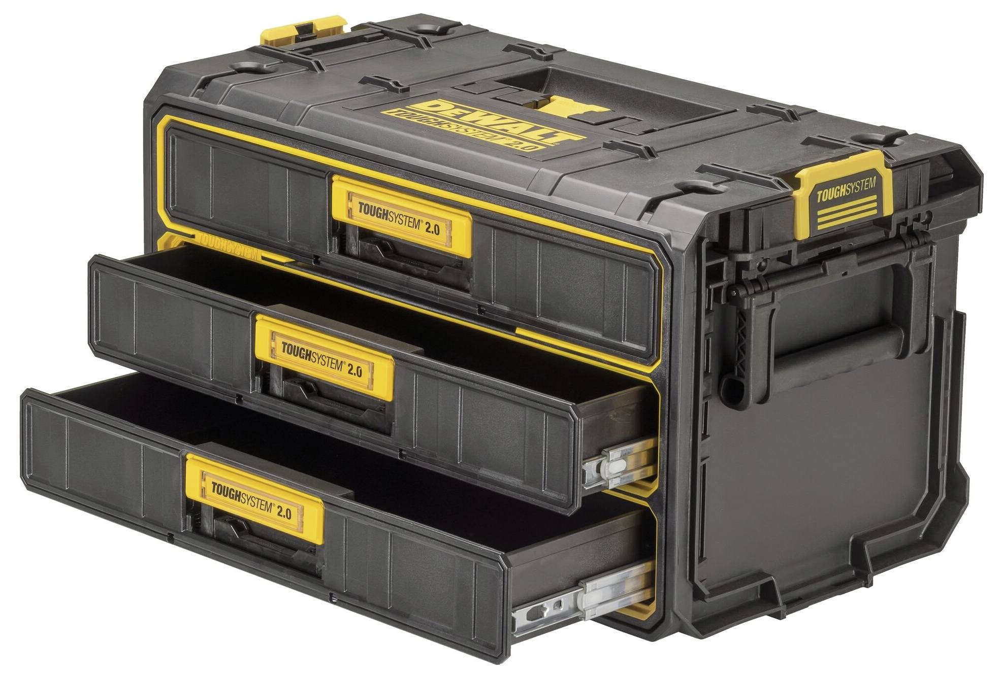 Tool case made of black plastic with three open drawers, yellow handles and 'ToughSystem 2.0' logo, suitable for tools.