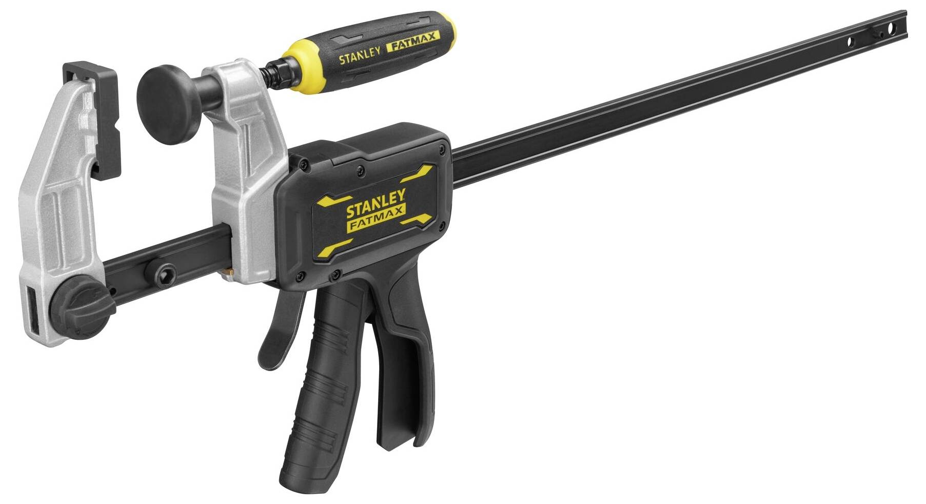 A black and yellow one-handed clamp with an ergonomic handle. The 'Stanley Fatmax' brand is clearly visible on the handle.