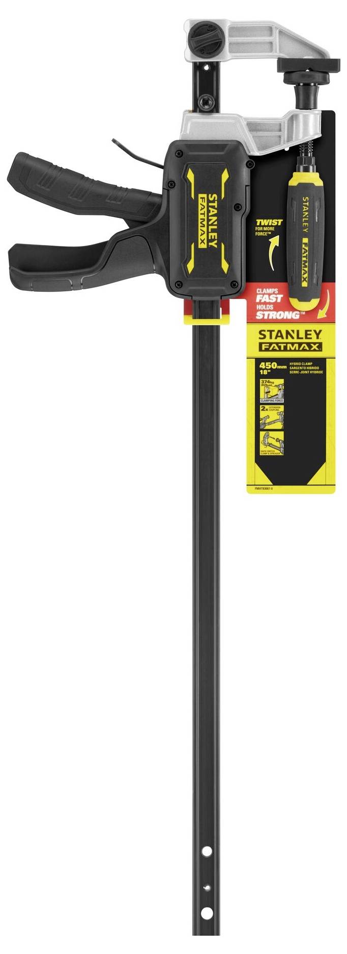 A Stanley FatMax G-clamp with yellow lettering and black handle, suitable for securely holding workpieces.