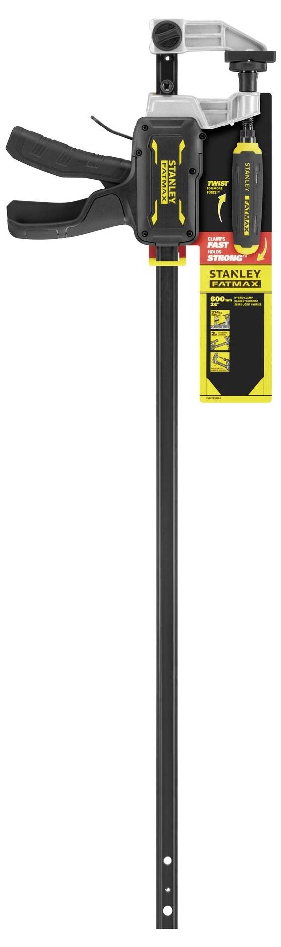 A Stanley G-clamp with a black handle, yellow logo, and attached yellow label with product information.