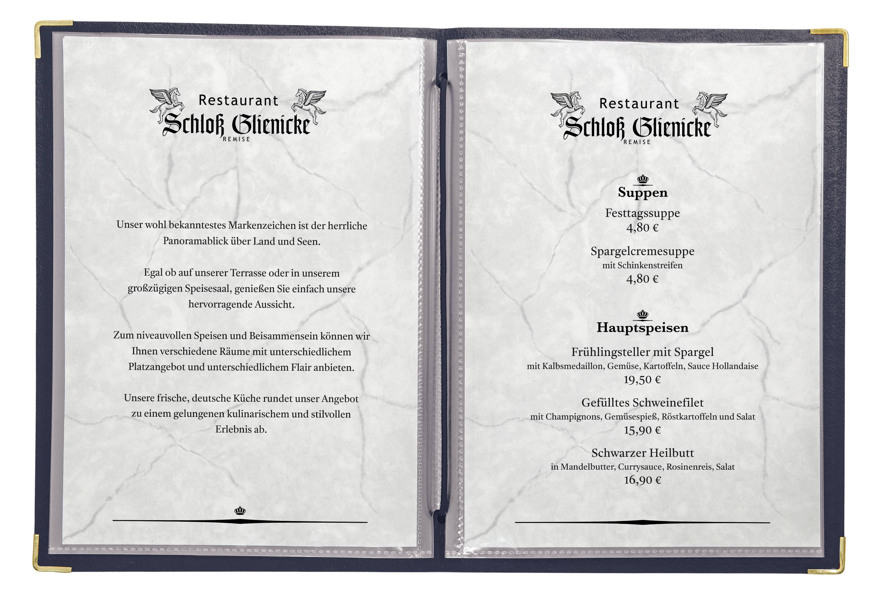 Menu with two pages. Left page: Description of Restaurant Schloss Glienicke. Right page: Soups and Main Courses, including prices.