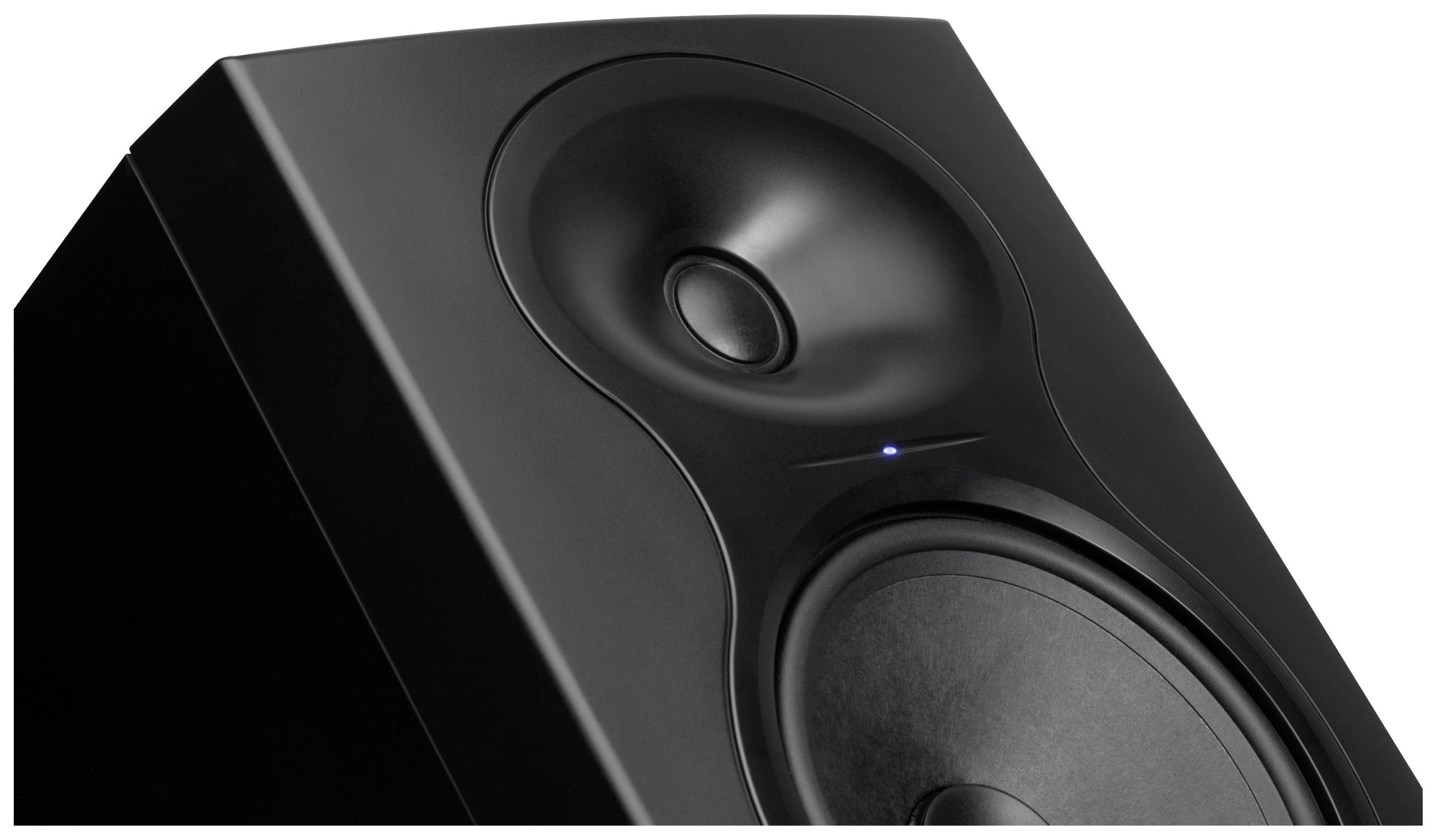 Black speaker with two visible membranes, a large one at the bottom and a smaller one at the top. Subtly modern design.