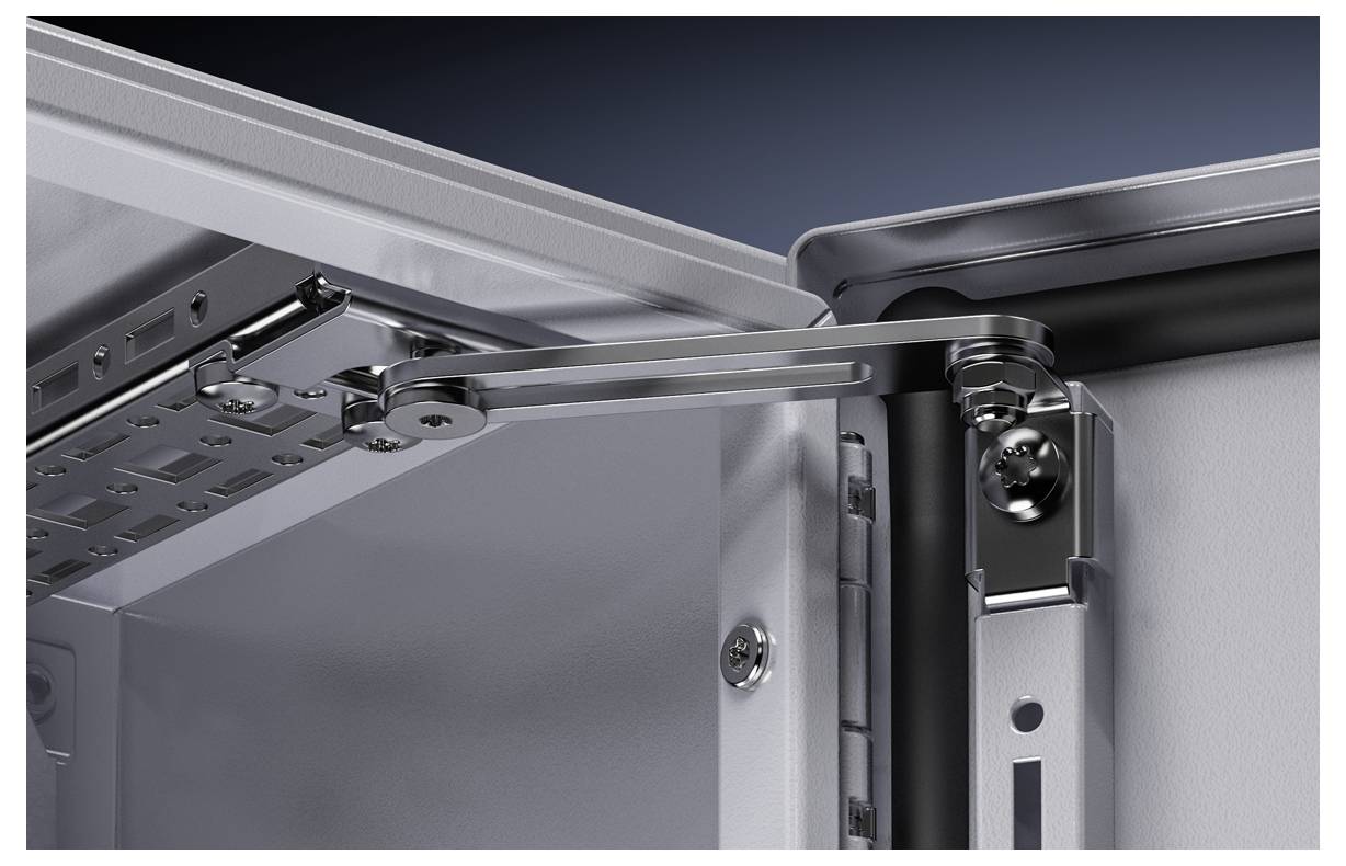 Open metal hinge on an electrical control cabinet, stabilising the door. The focus is on hinge technology.