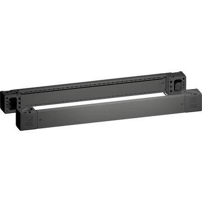 A black, rectangular mechanical component with two openings at its ends, potentially part of a larger device or system.