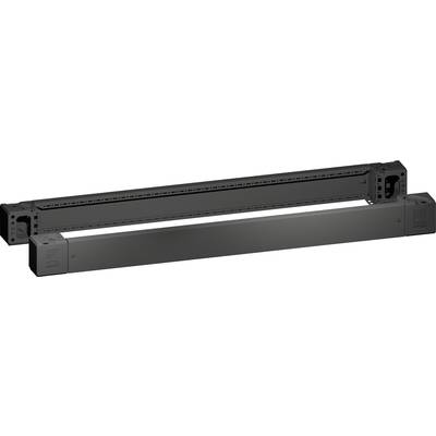Black, rectangular rack accessory with multiple mounting holes and a removable cover, suitable for technical equipment.