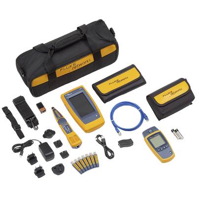 Fluke Networks measurement device set with cable tester, accessories, charger and carry case, for cable diagnostics and network analysis.