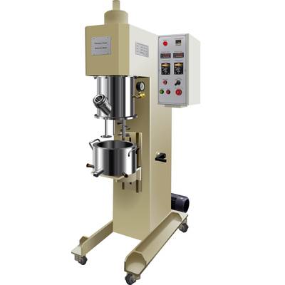 Industrial mixing machine with stainless steel container and control panel. Used in production environments for processing mixtures.