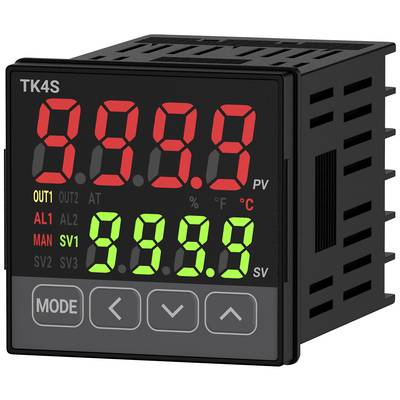 Digital temperature and process control device with LED display. Shows current and set values in red and green. Control buttons at the bottom.