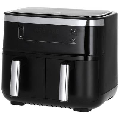 Black hot air fryer with two compartments and digital display, perfect for healthy oil-free cooking of food.