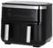Black hot air fryer with two compartments and digital display, perfect for healthy oil-free cooking of food.