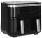 A black air fryer with a digital control panel and two removable baskets, perfect for oil-free frying.
