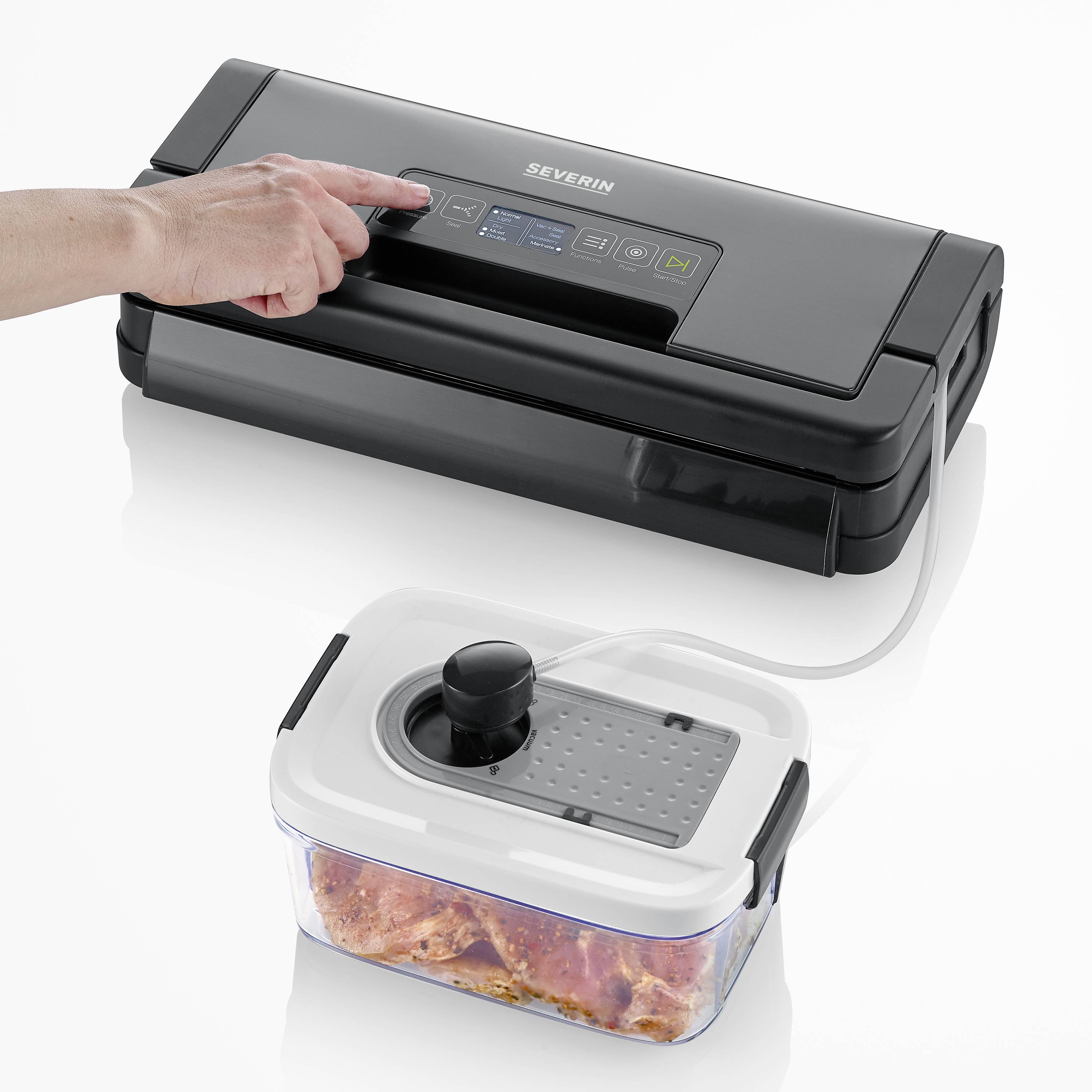 A person is operating a Severin vacuum sealer. The device is being used to vacuum seal food storage containers with meat.