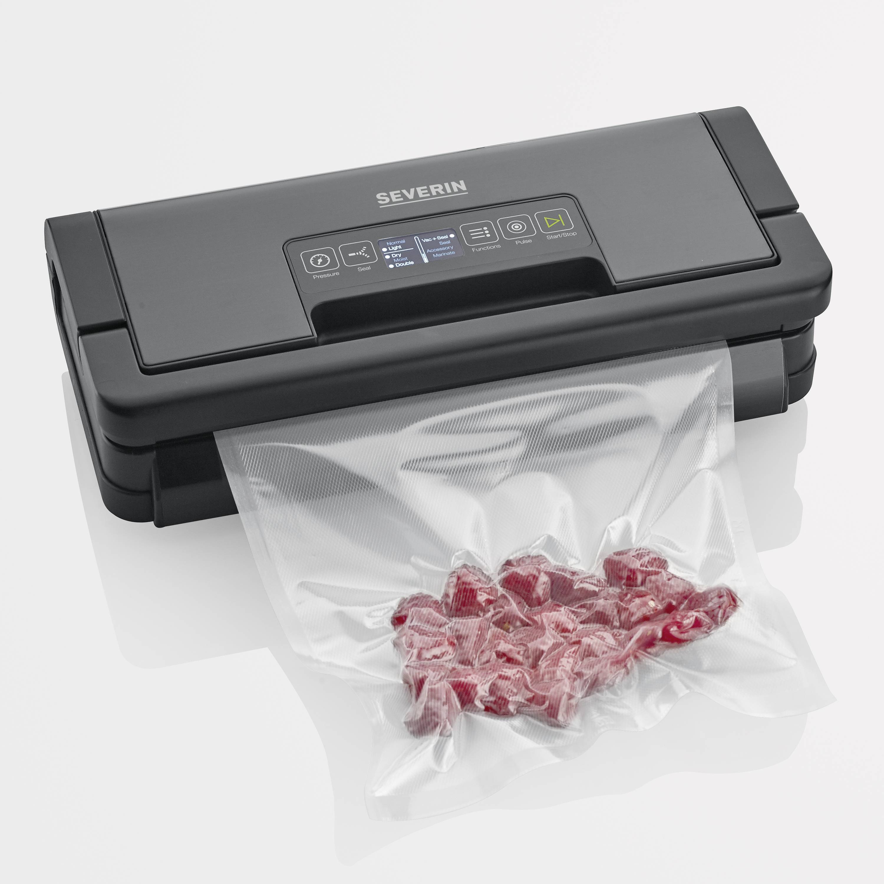 Severin vacuum sealer vacuum-sealing red meat in a transparent bag. Device shows control panel with buttons.