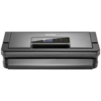 Vacuum sealer placed on a surface, with a black casing and digital control panel. Displays and buttons for various functions are visible.