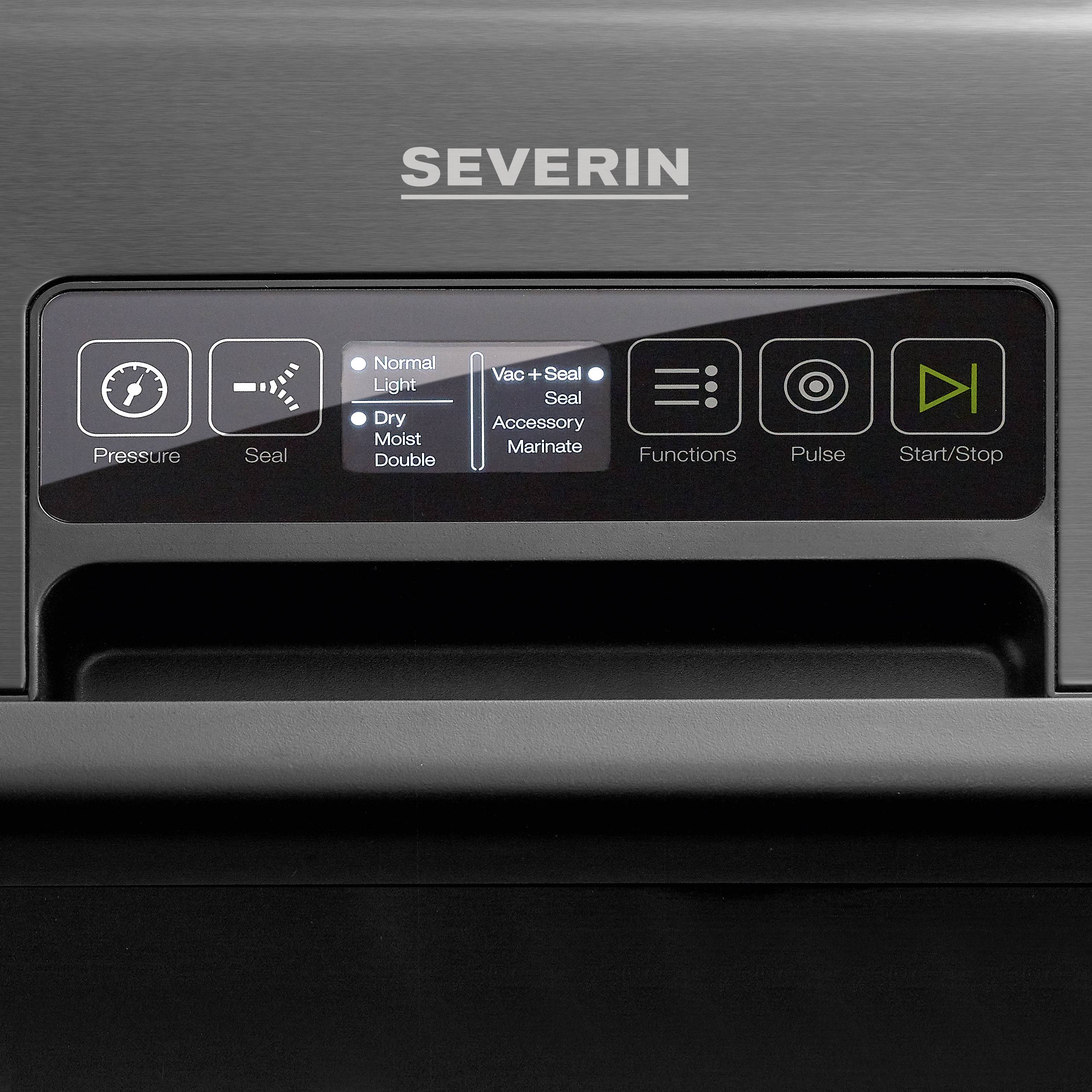 Control panel of a SEVERIN vacuum sealing device with pressure, sealing, and stop start options. Illuminated buttons indicate functions.