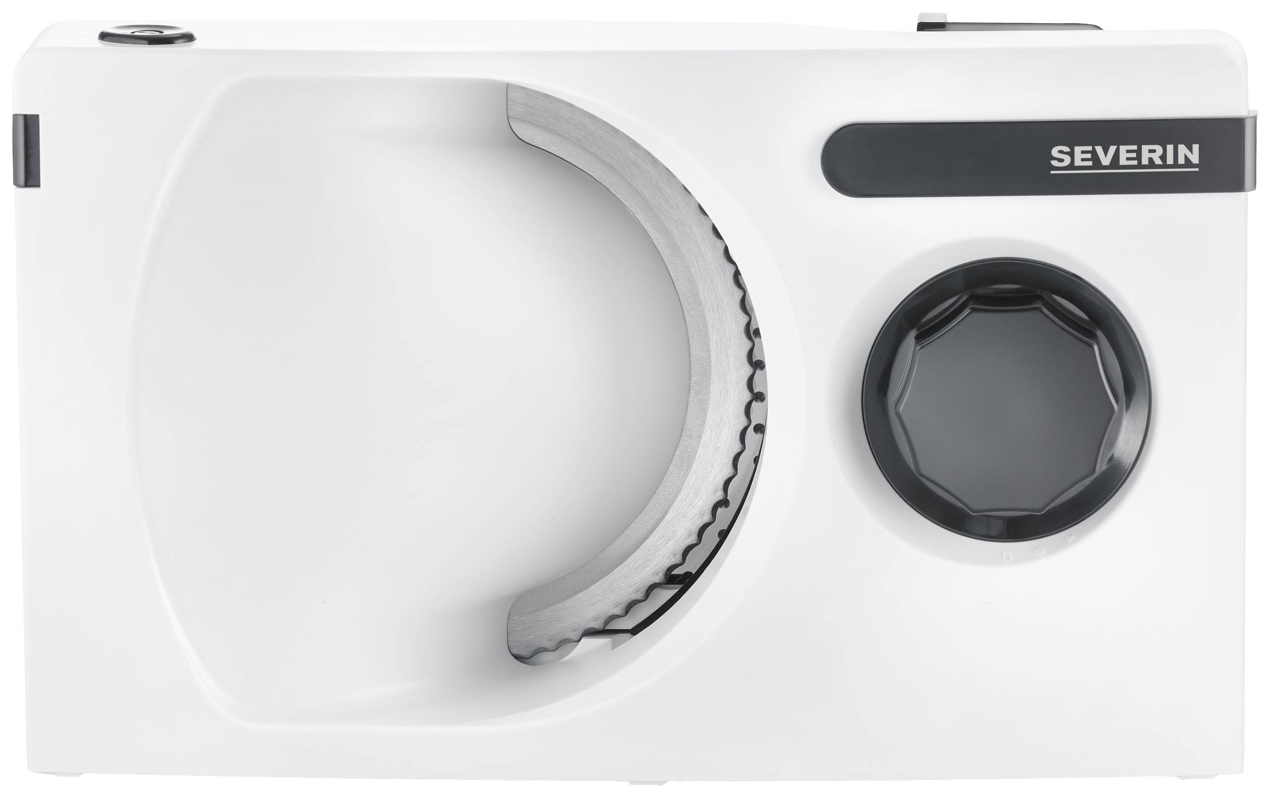 Electric all-purpose slicer in white with a black and grey rotary dial and metal blade, suitable for slicing bread, cold meats and cheese.