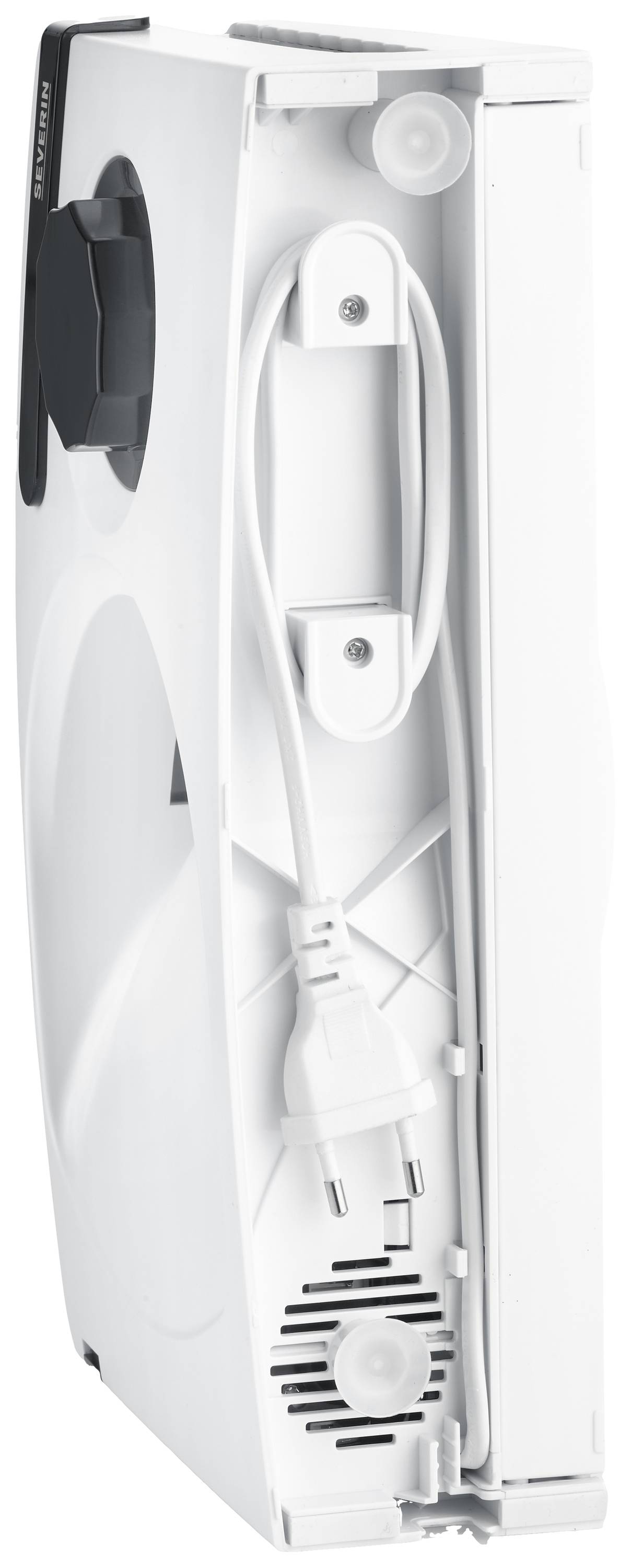 Side view of a folded white ironing board with an integrated handle and cable storage.