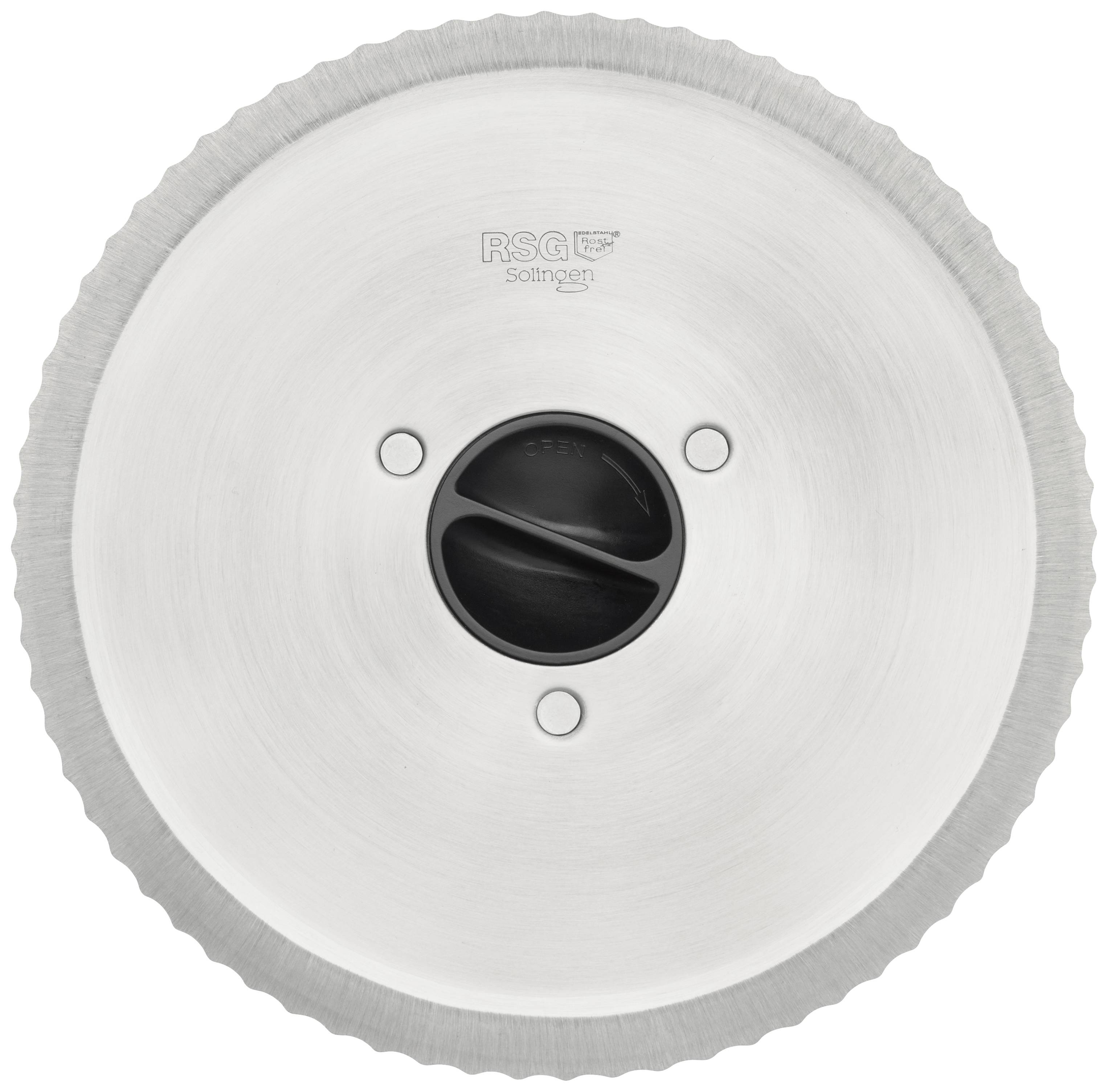 A round, serrated blade head with a black central handle. Marked with 'RSG Solingen'. Suitable for cutting machines.