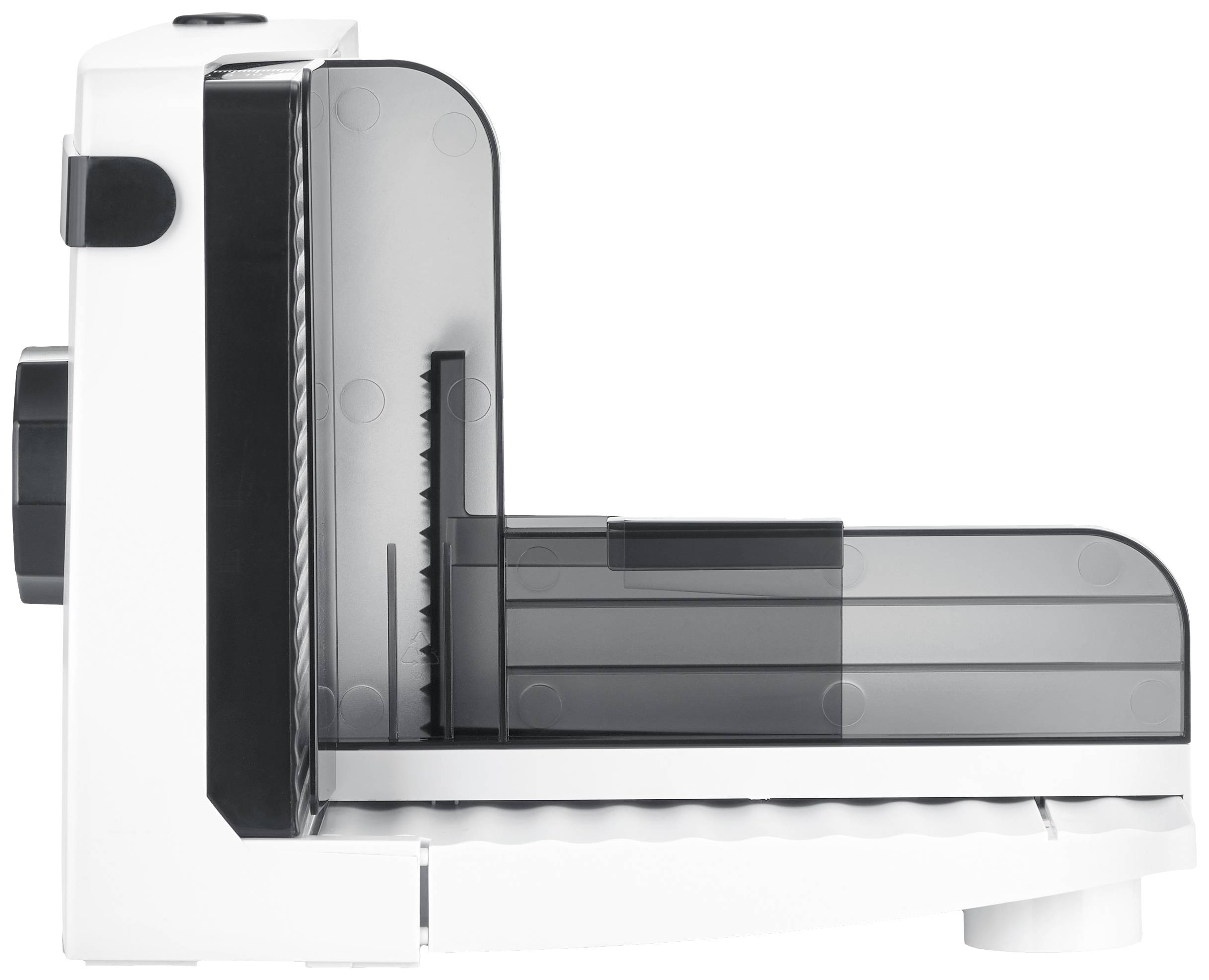 Side view of a white spiral slicer with a black plastic casing. Ideal for cutting vegetables into spirals.