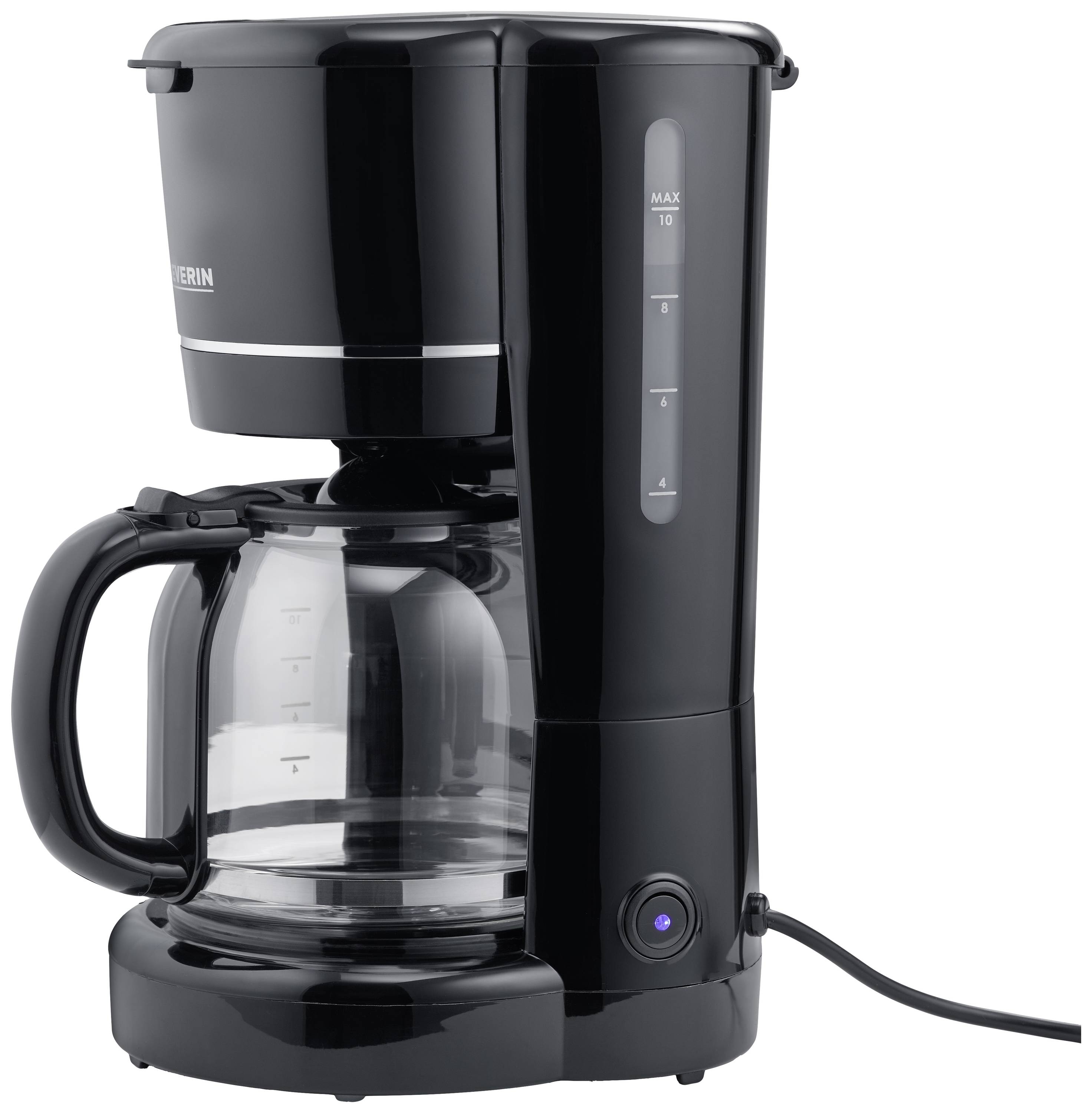 Black filter coffee machine with glass carafe and water level indicator. Suitable for up to 10 cups. Cable connection on the side.