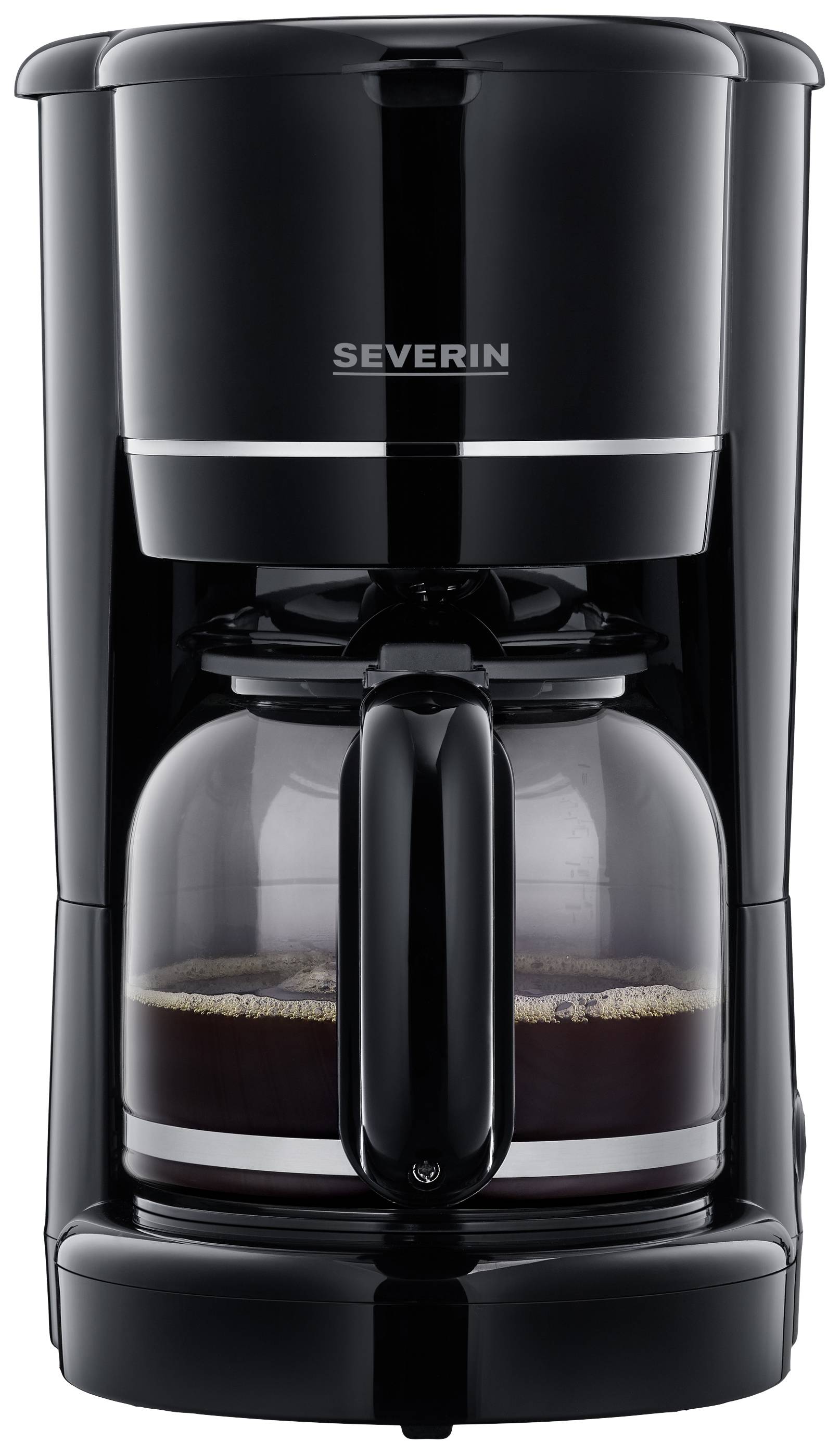 Black filter coffee machine with glass carafe, half-filled with freshly brewed coffee, brand name visible on top.