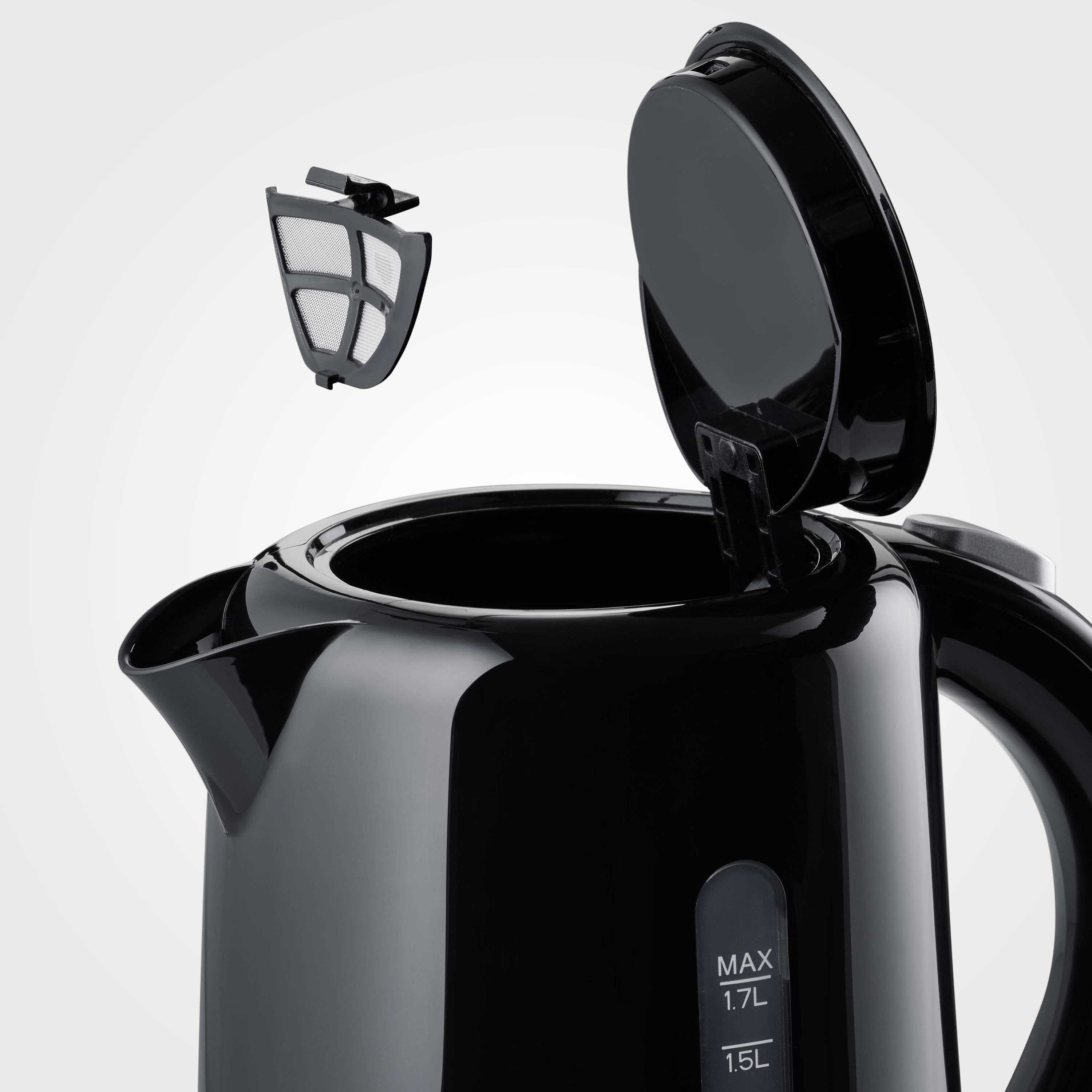 A black kettle with an open lid and removable filter. Capacity is marked at 1.7 litres.