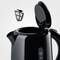 A black kettle with an open lid and removable filter. Capacity is marked at 1.7 litres.
