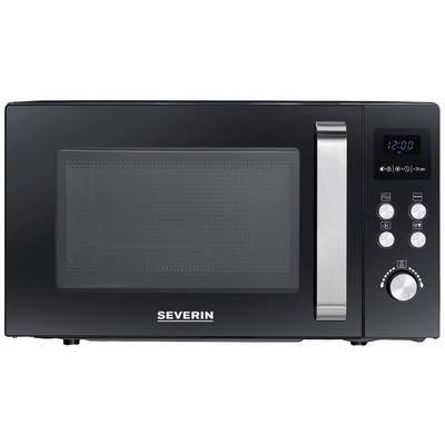 Black microwave with digital display and multiple control buttons on the right-hand side. Brand 'Severin'.