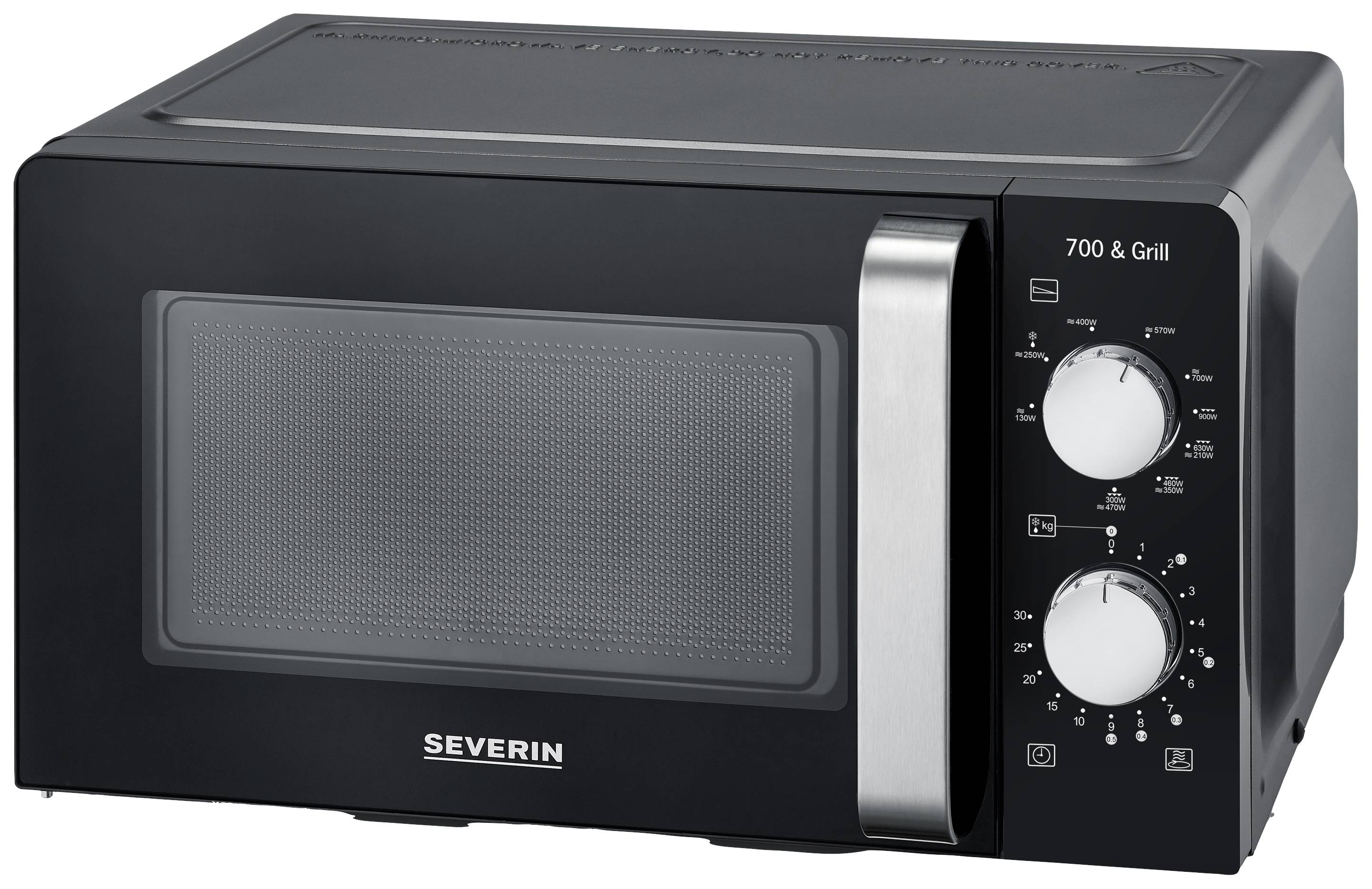 Black microwave with grill function, brand name printed on it. Two control knobs for time and power.