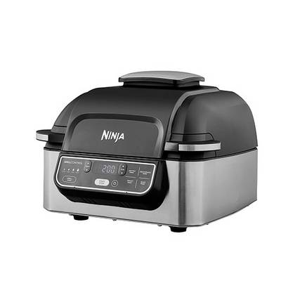 Compact, black Ninja multi-function grill with digital display, ideal for grilling, frying or baking.