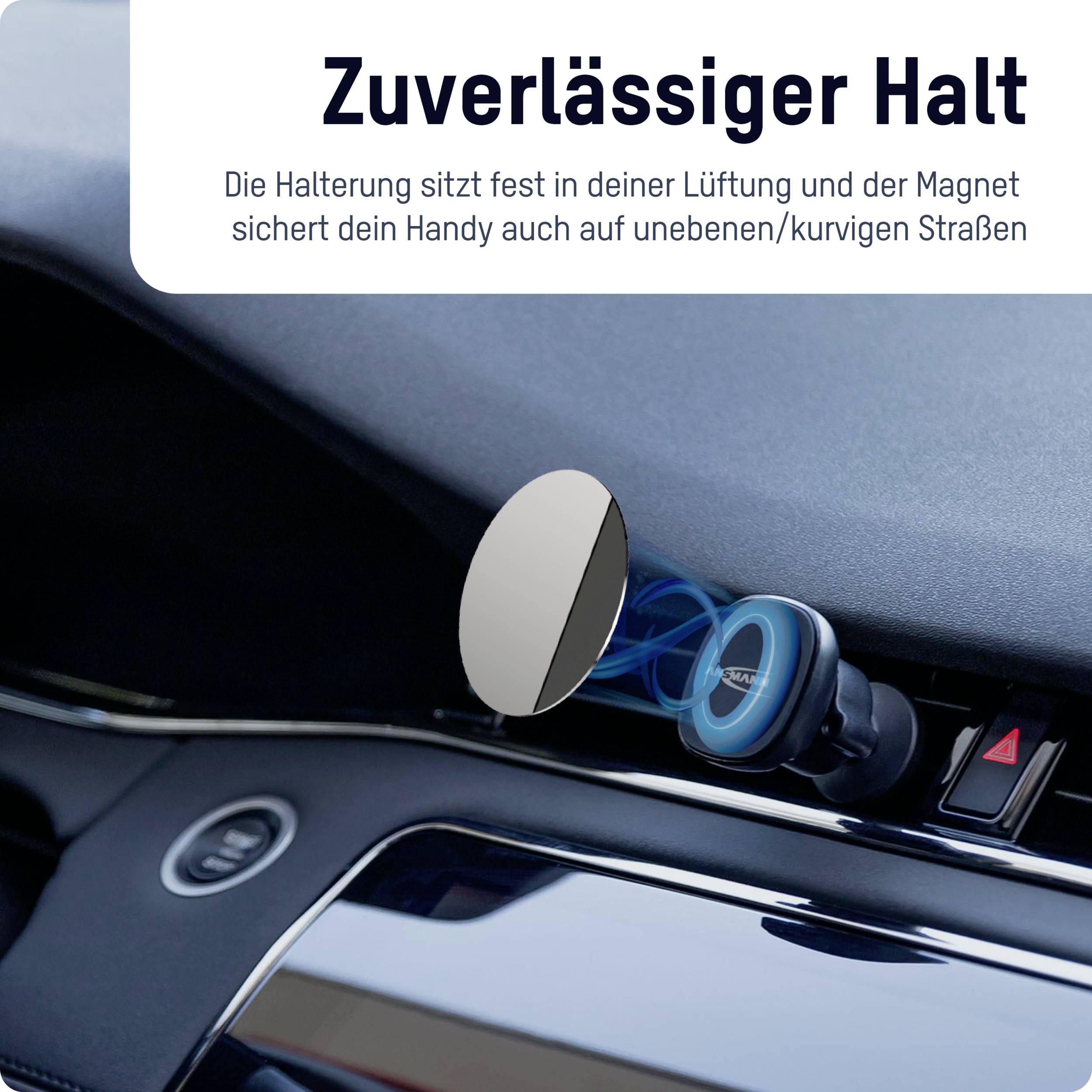 Car interior with mobile phone holder in air vents. Text describes 'Reliable grip', even on uneven roads.