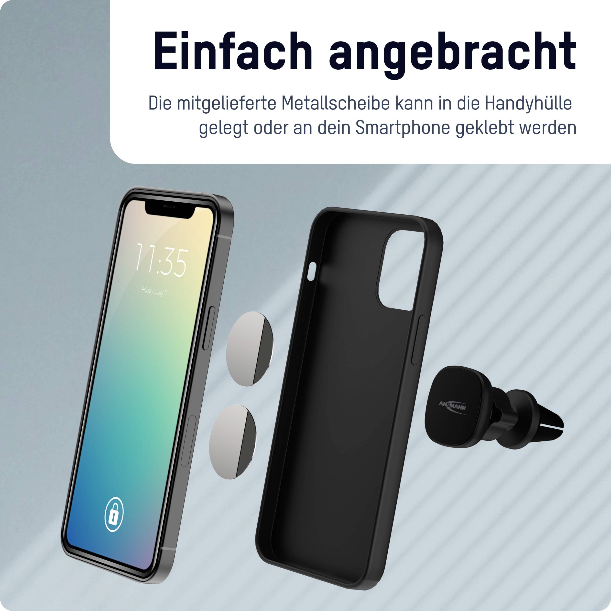 A smartphone with a metal plate, protective case, and earphones. Text: 'Simply attached'. Accessories can be placed in the case or on the phone.